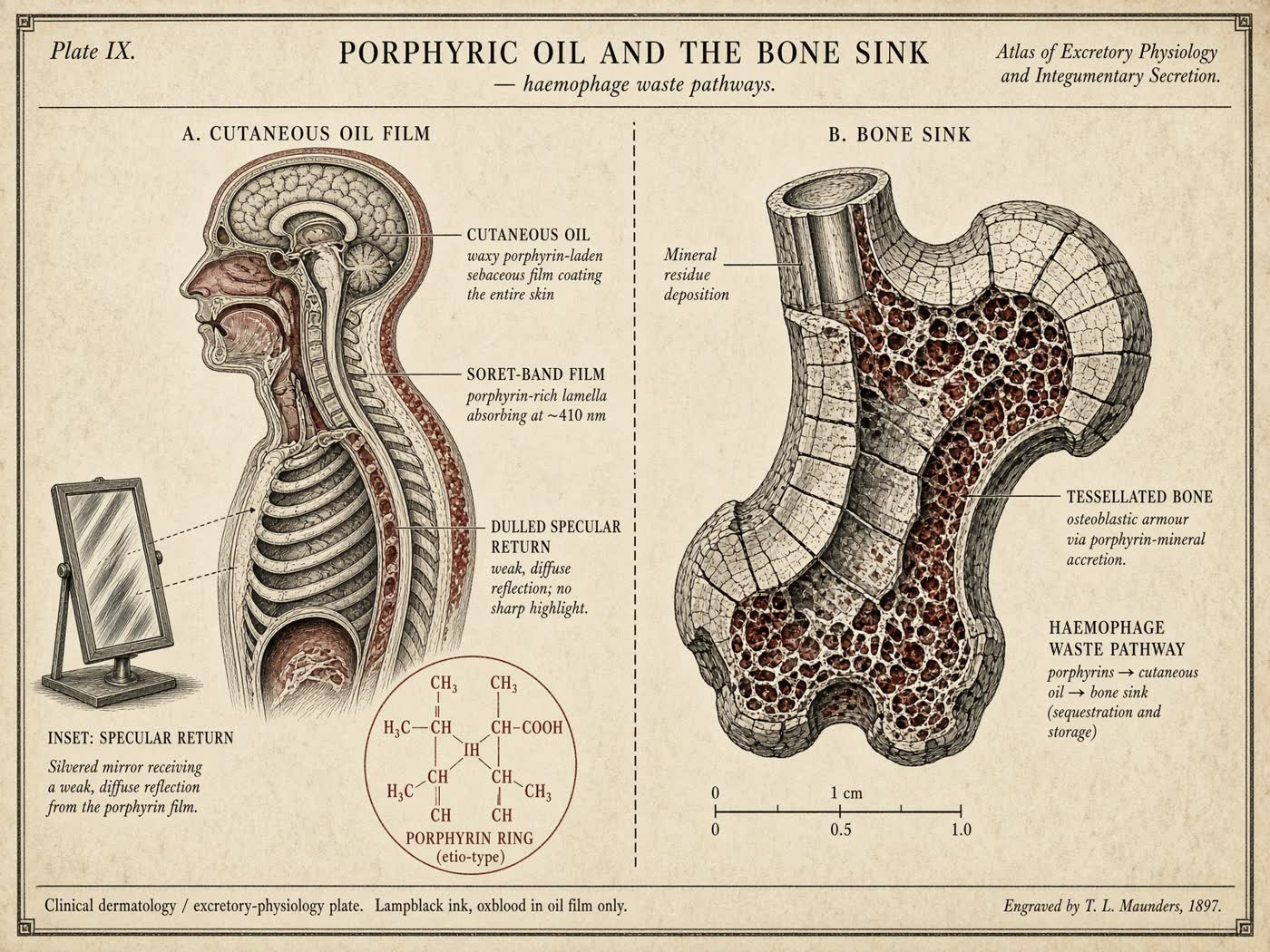Atlas plate: Porphyric oil and the bone sink. Dermis and bone.