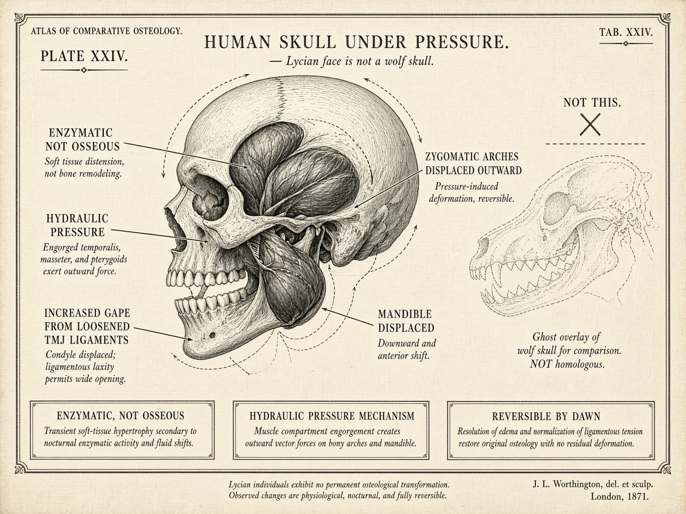Atlas plate: A human skull under pressure. Craniofacial ligaments.